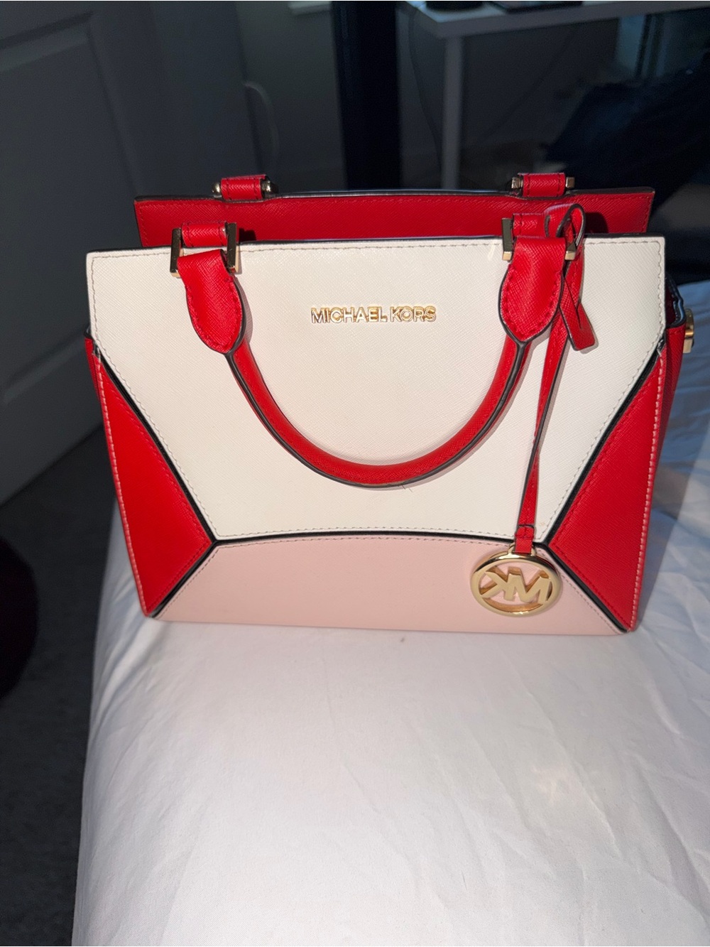 Michael Kors Red, White & Light Pink Colorblock Saffiano Satchel